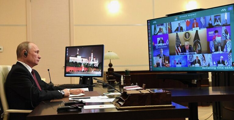 Putin addressed heads of G20 member countries, Trump on Centre Screen.