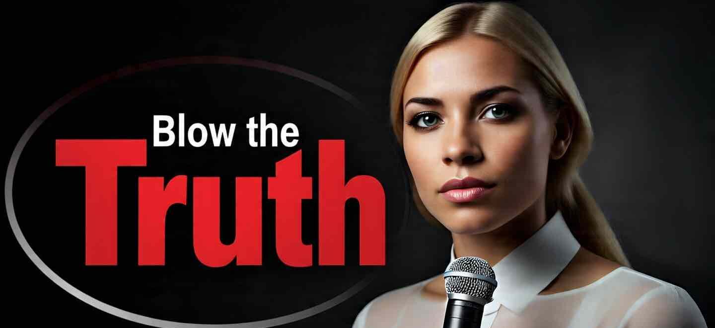Blow the Truth Logo with Sammi our Journalist holding a Mic