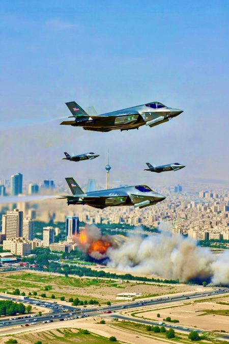 Trump Unleashes "Operation Roaring Lion": Major U.S. Combat Operations Begin in Iran 1 Fighter jets flying over city explosion